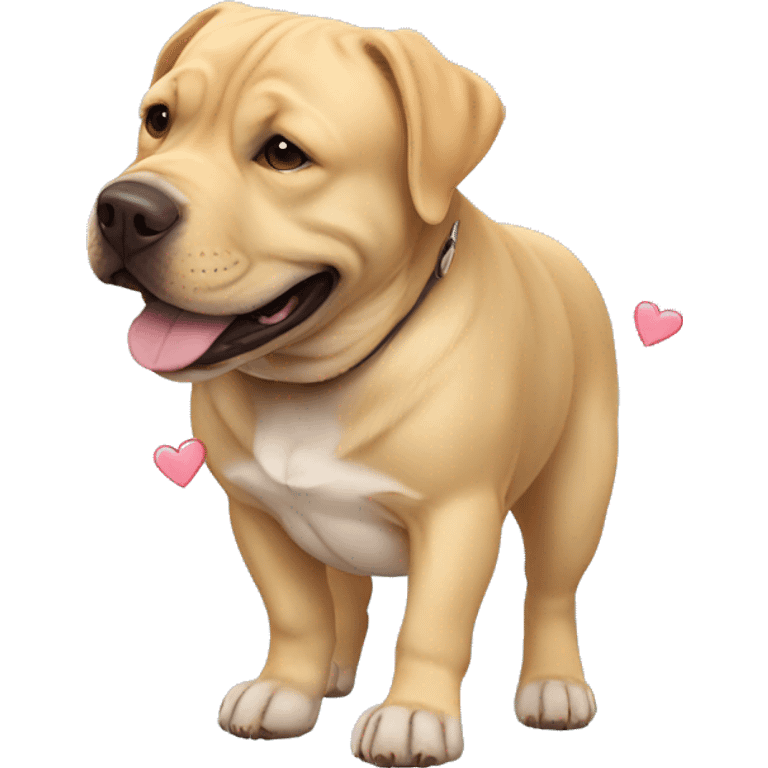 American bully and Golden Labrador retriever hug. Hearts are flying around them  emoji