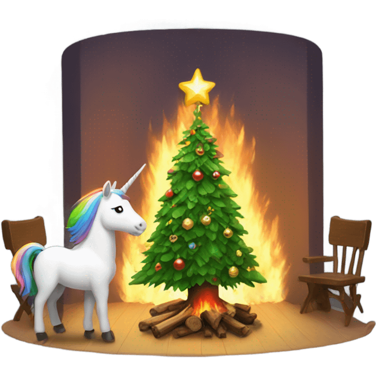 Christmas tree watching a fire with a unicorn.  emoji