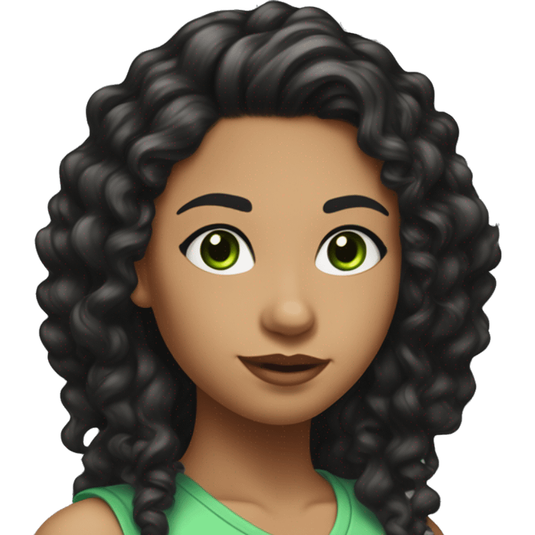 long curly black hair, full body head to toe, eyes with a hint of green, eyes positive  canthal tilt ,medium thick eyebrows , and thin lips, round face shape, soft jawline, full body, teen, sensual, american, woman, well defined feminine body emoji