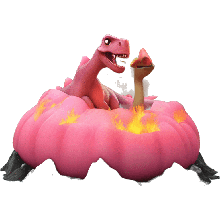 Dinosaur on flamingo floatie in a volcano emoji