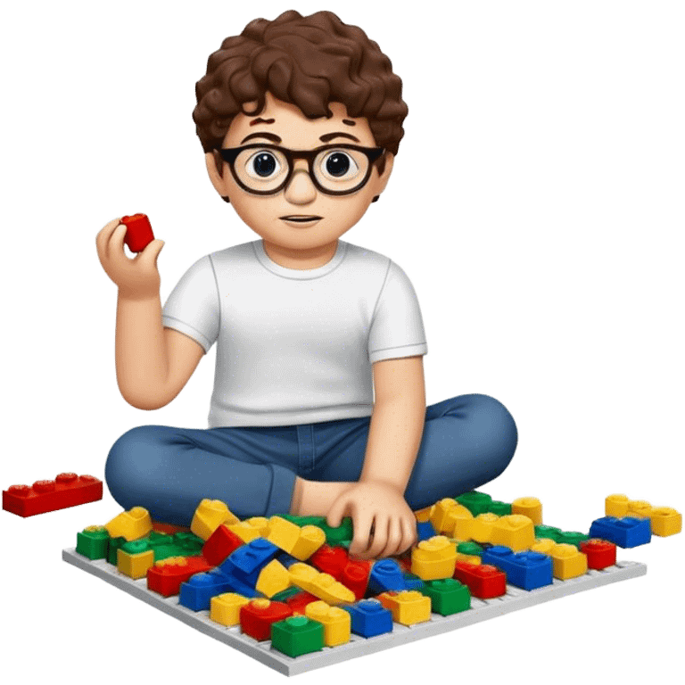 A young boy with short curly brown hair, round glasses, and a light complexion, playing with LEGO bricks on the floor. emoji