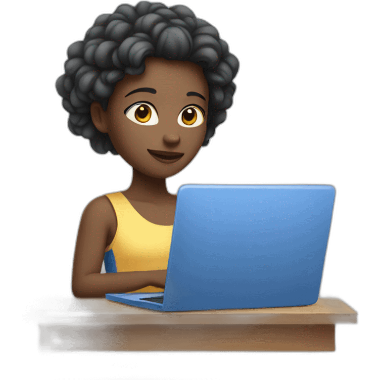 Girl with white skin in blue clothes behind laptop  emoji