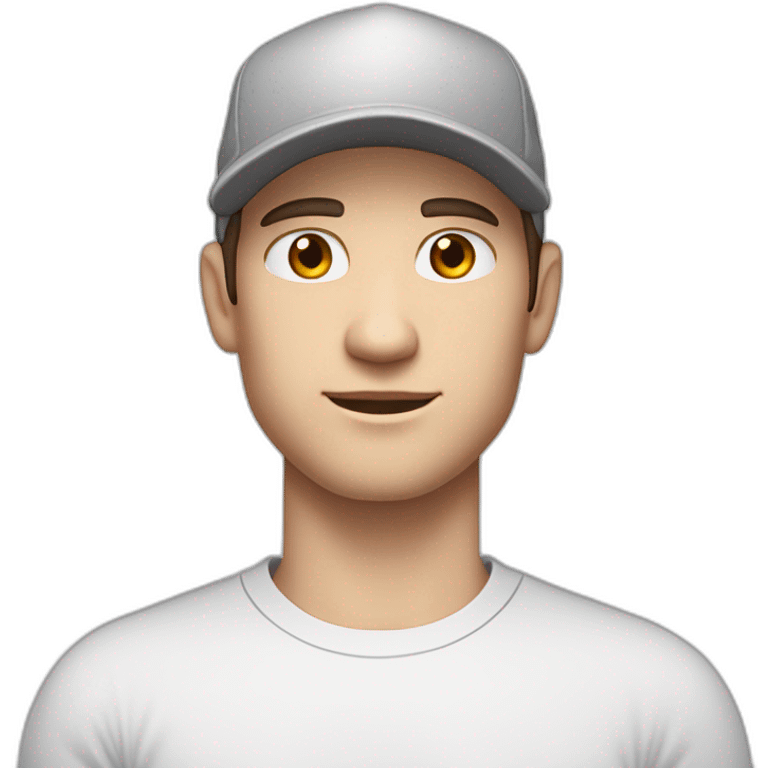 Pale skinned fit Man with dark brown hair in a white cap, gray jeans and gray polo T-shirt keeping a pasted with tape white box into his hands emoji