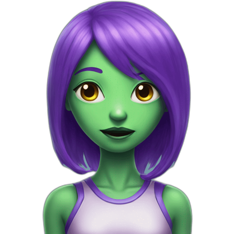 An alien girl with green skin and purple hair says hi emoji