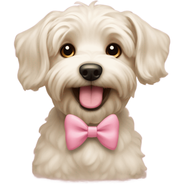 Cream westiepoo with light brown ears and muzzle smiling and sitting pretty with pink bows emoji