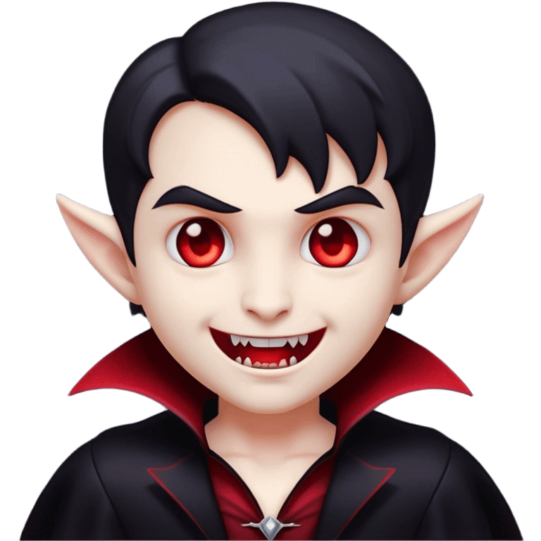 Cinematic Cute Vampire Portrait Emoji, with a refined yet playful small, rounded pale face accented by tiny, cute fangs and bright, twinkling eyes, sporting miniature elegant dark attire with a hint of crimson, simplified yet irresistibly charming, highly detailed with a soft glowing outline that captures the delightful duality of spooky sweetness and stylish allure! emoji