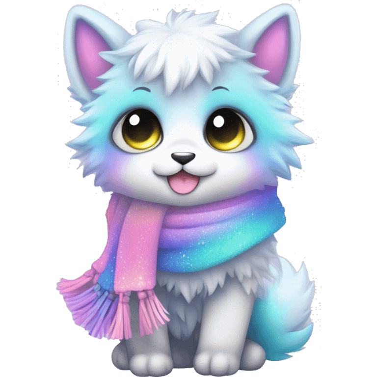 Edgy Kawaii cute gorgeous colorful sparkly bright light pastel gradient fantasy ethereal fluffy fursona animal creature with a cute scarf full body emoji