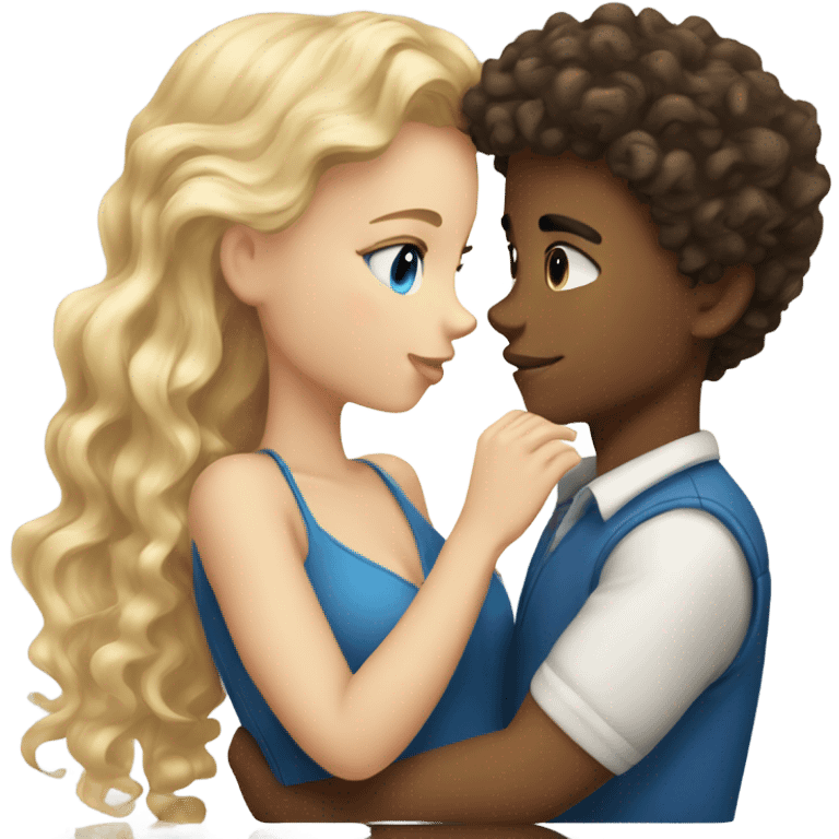 blonde blue eyed girl kissing mixed boy with curly brown hair emoji