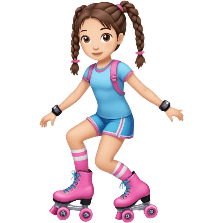 Cute girl, brunette with two braids, rollerskates emoji