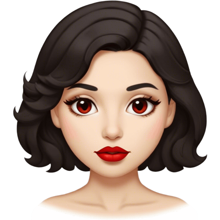 A dark-hair woman slightly curled, with light skin, almond shaped eyes, red lipstick. She has 2 beauty marks : a beauty mark on the right cheek and a beauty mark just above the lip on the left side emoji