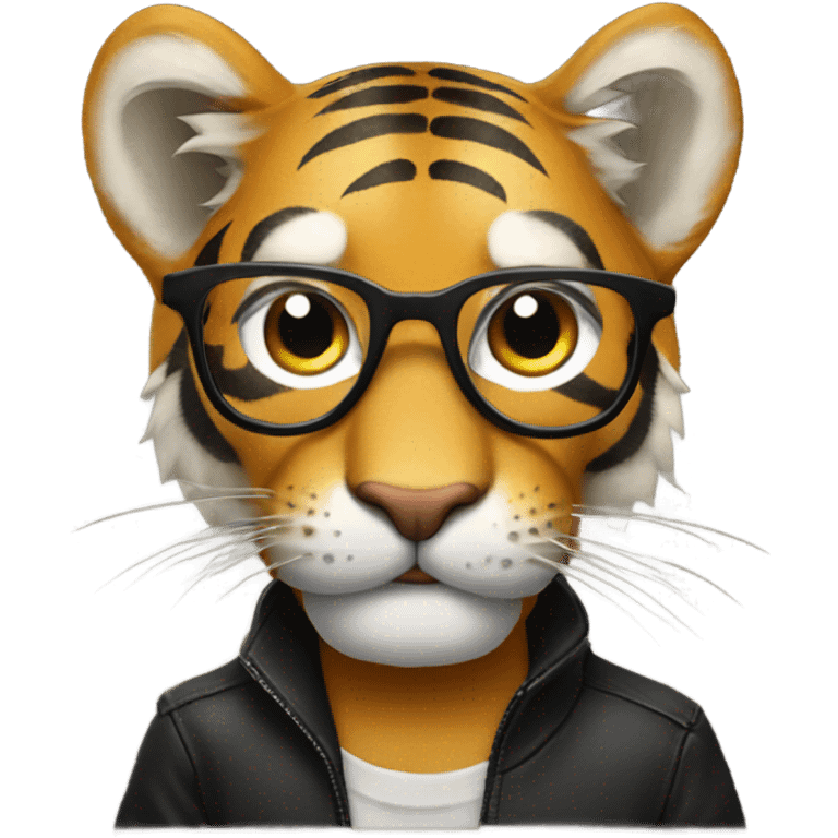 Make me a tiger wearing black horn-rimmed glasses and holding a microphone emoji