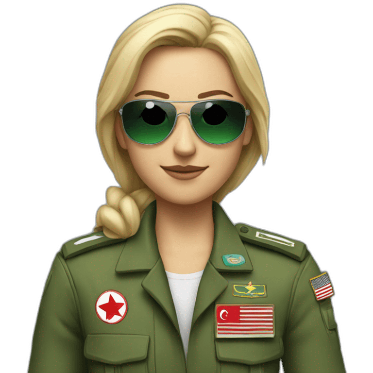 Blonde military Pilot with green uniform which is has a Turkish flag on right arm, pilot badge on chest, wearing sunglasses   emoji