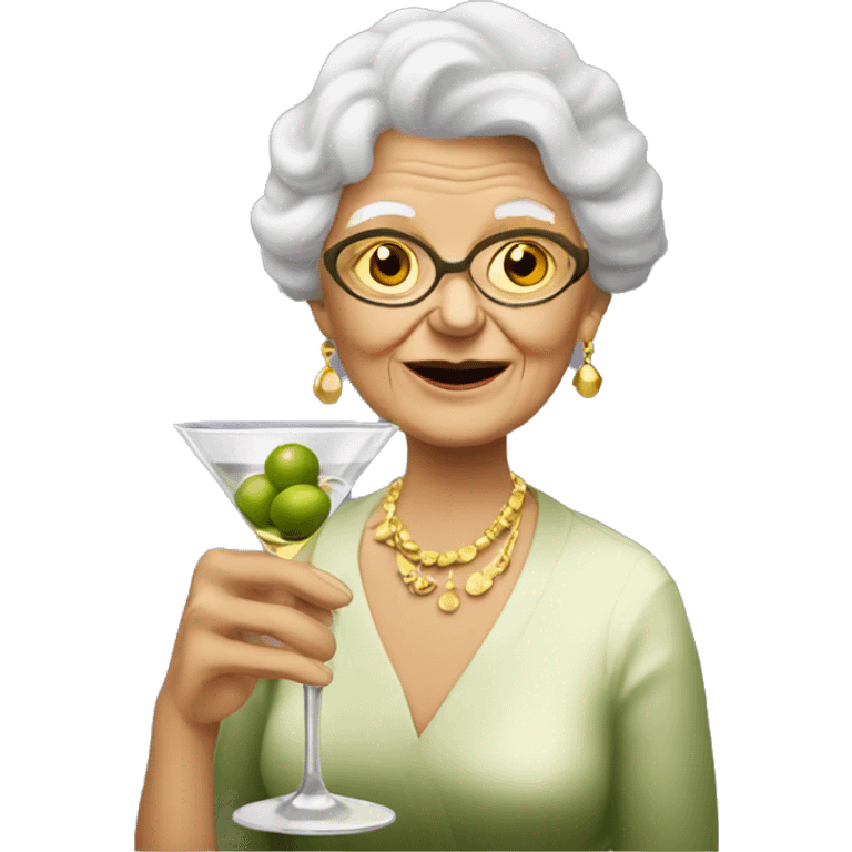 Old lady wearing gold earrings drinking a martini with two olives emoji