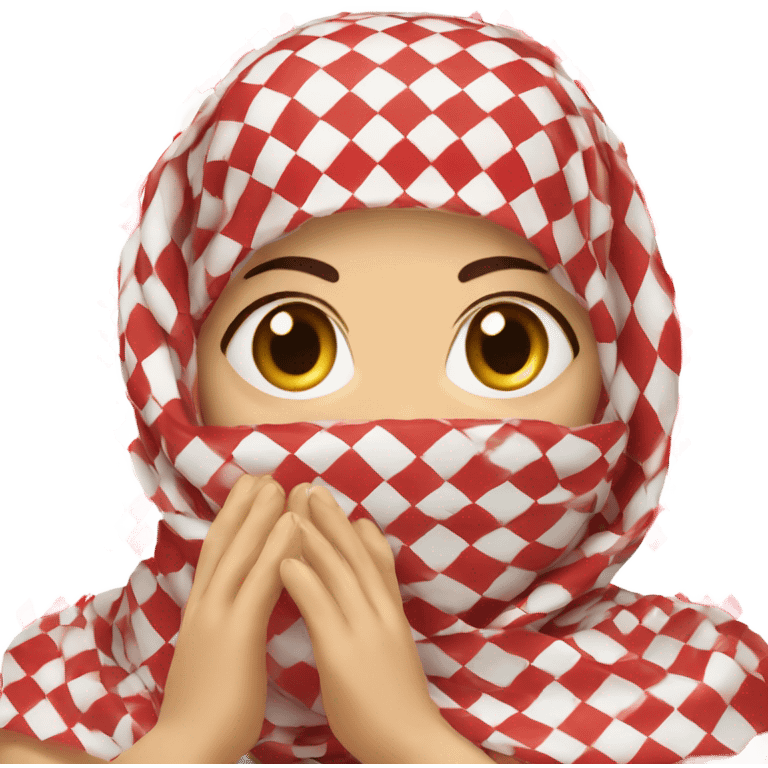 Women holding red and white checkered kuffiyeh upto her hands emoji