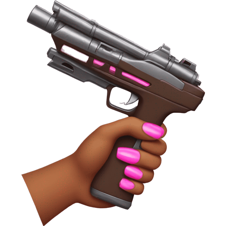 brown hand with pink nails holding large scary dark nerf gun emoji