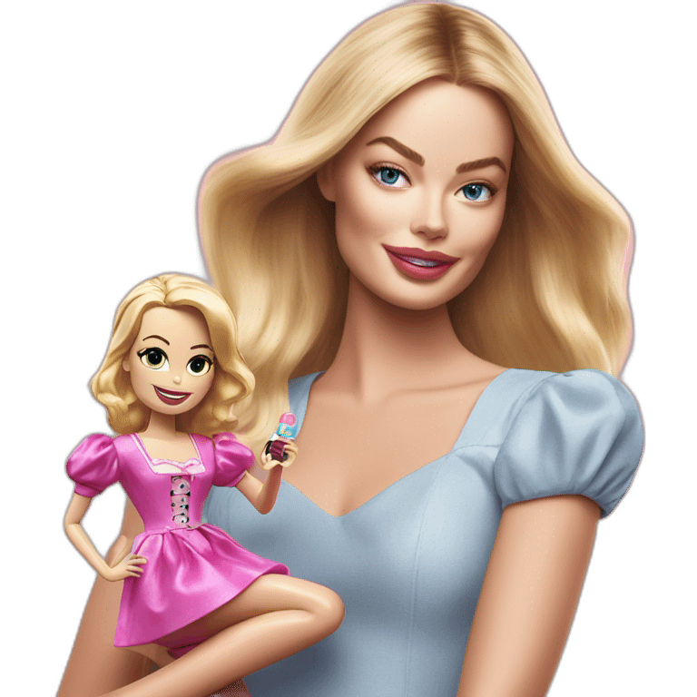 Margot Robbie playing with barbie Doll emoji