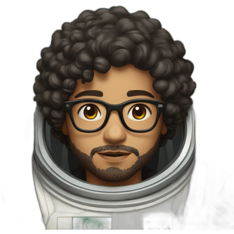 Light skinned Boy with black short curly hear and beard and glasses wearing a white astronaut suit with the saudi flag behind him emoji