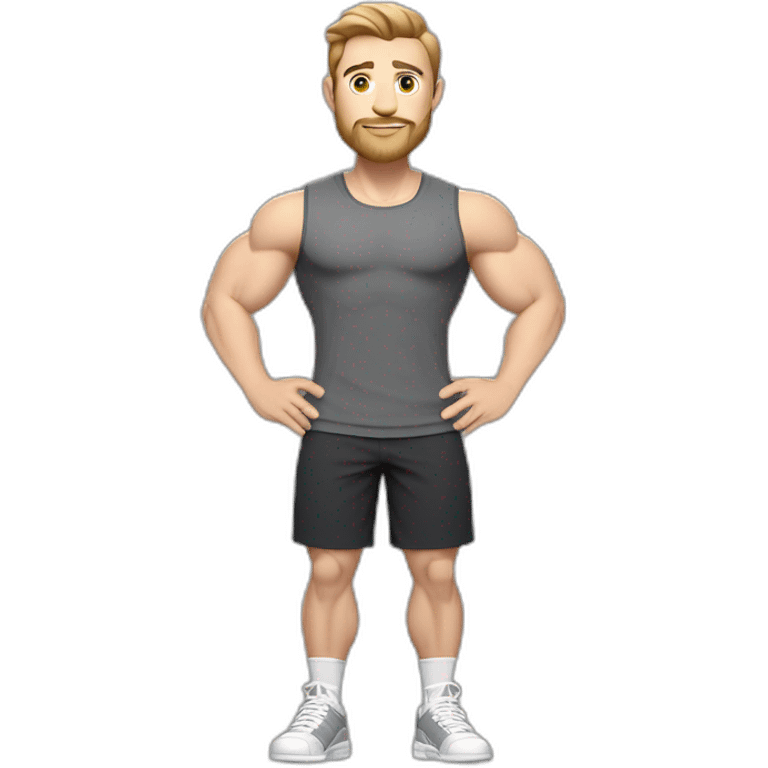 Full height Pale skinned muscular man With Realistic eyes and mouth, light brown hair and stubble In dark gray sleeveless mike, black oversize sports shorts, watch and white sneakers. emoji