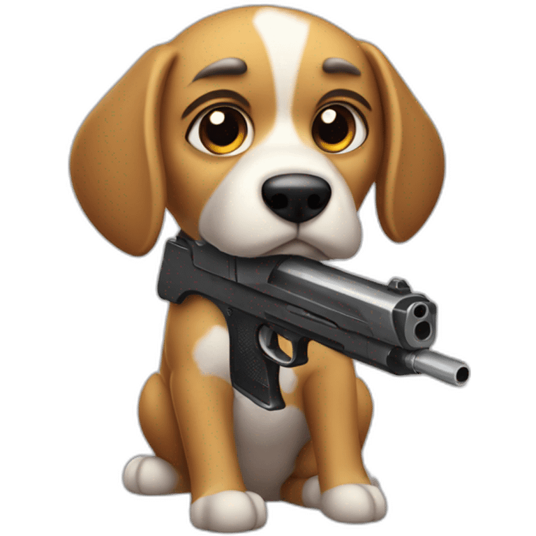 Not happy dog having a plastic black gun emoji