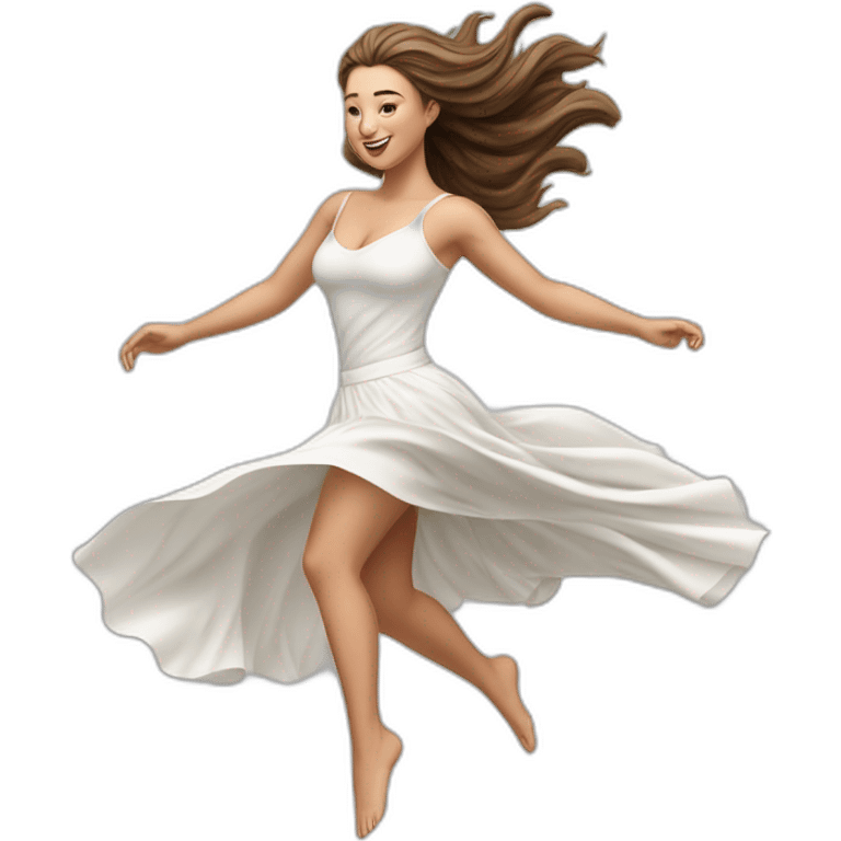 Hyperrealistic Full body Caucasian curvy beauty jumping white skirt back and front views strong wind emoji