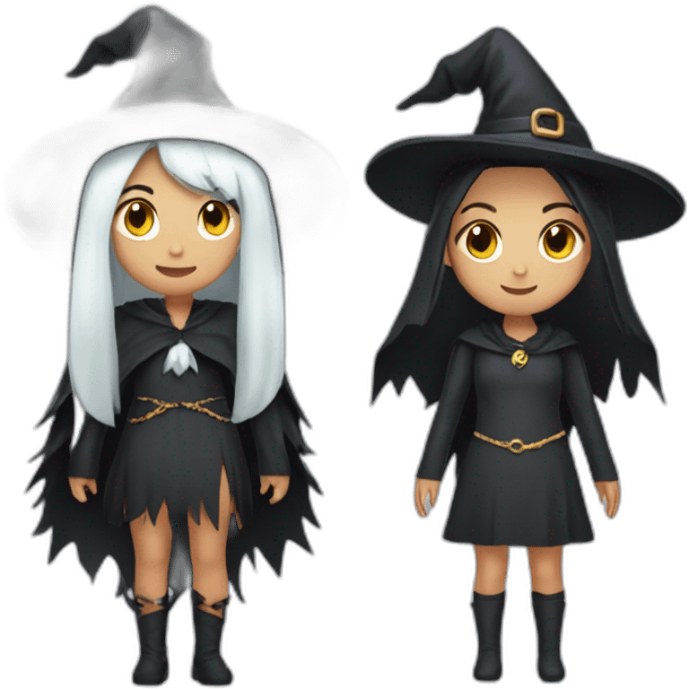 two girls with witch costume and chained ghost spirit costume emoji