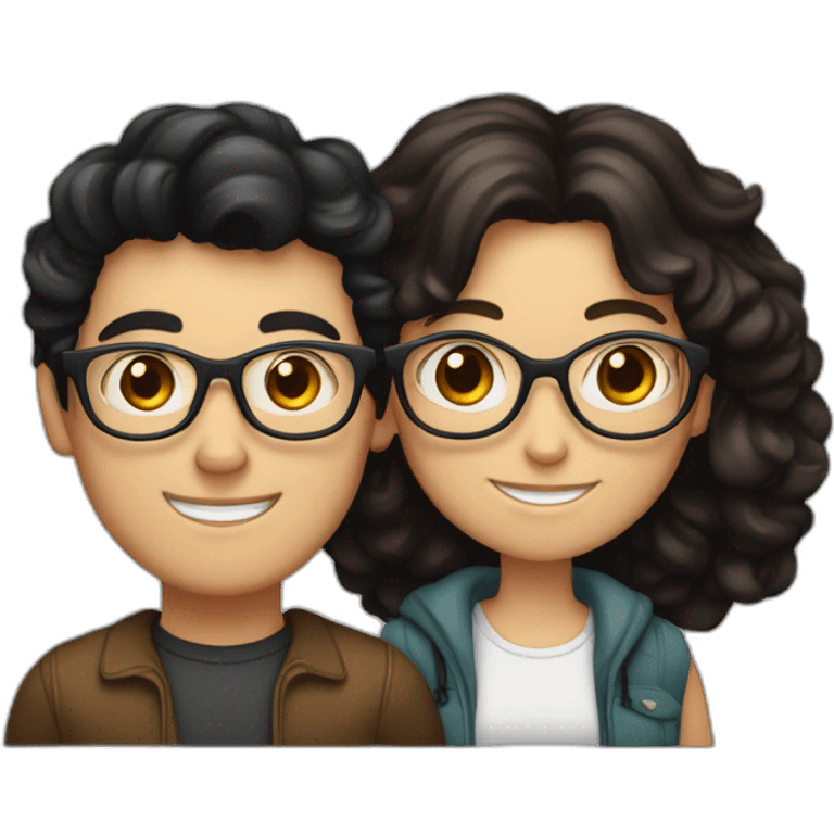 a white Boy with black hair and curler and with glasses on, and a white girl with long brown hair without glasses hugging each other emoji