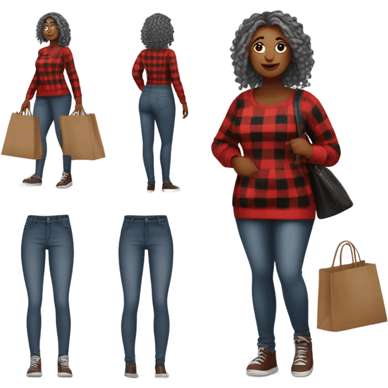 Curvy woman gray locs in pants shopping.  curvy woman is brown with red locs in a skirt with plaid sweater shopping emoji