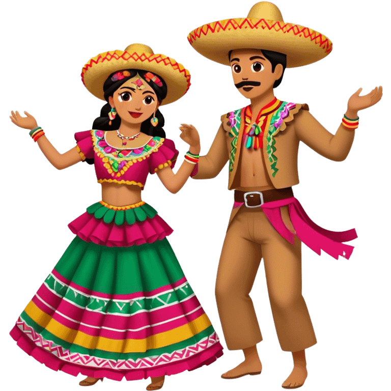 Cinematic Realistic scene of two performers dancing the Jarabe Tapatío, dressed in colorful traditional Mexican costumes with intricate embroidery, captured in energetic, festive motion with vibrant, celebratory lighting emoji