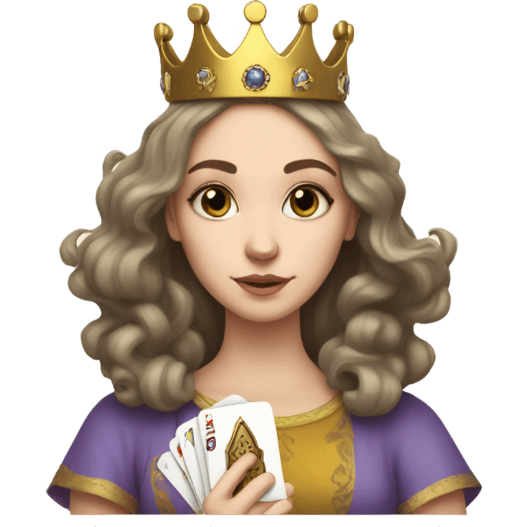 white girl with a crown on her head, she holds tarot cards in her hands emoji