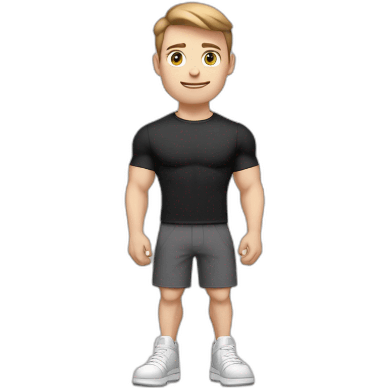 Pale skinned Fit Man With the biceps and light brown hair in black shirt, gray sports shorts and white Sneakers Writing text on the flipchart emoji