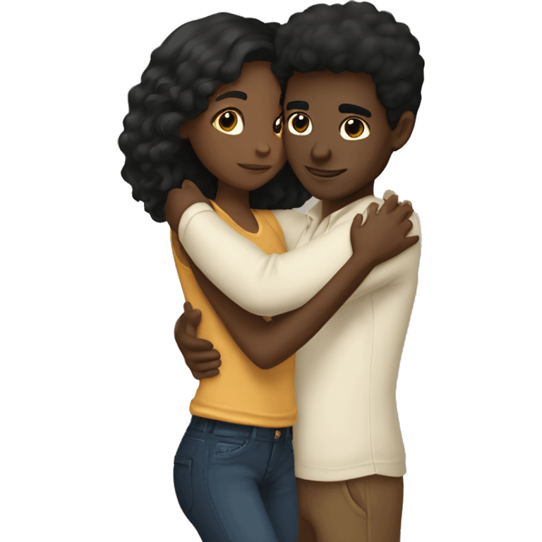 Dark brown skin black haired girl hugging tan black hair guy emoji