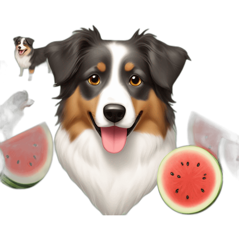 Australian Shepherd with an army of Australian Shepherds eating watermelon emoji