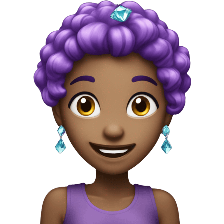 one girl with purple diamond hair made from purple crystals or diamonds or jewels, she is feeling happy and elated and excited emoji