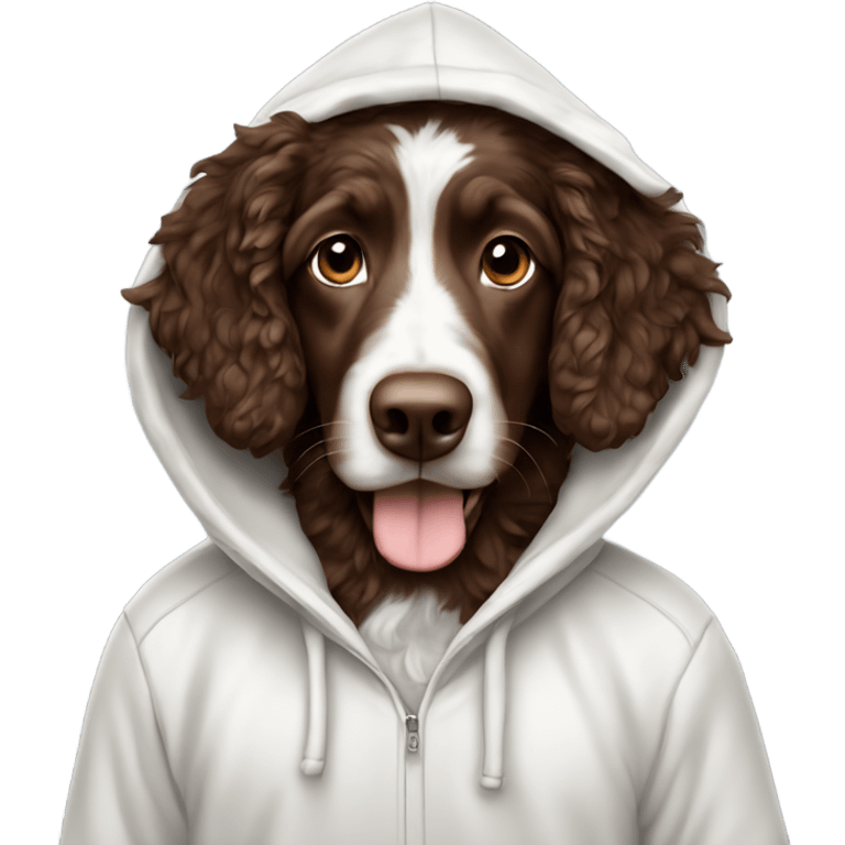 Solid chocolate Aussie doodle in a white hoodie with the hood up emoji