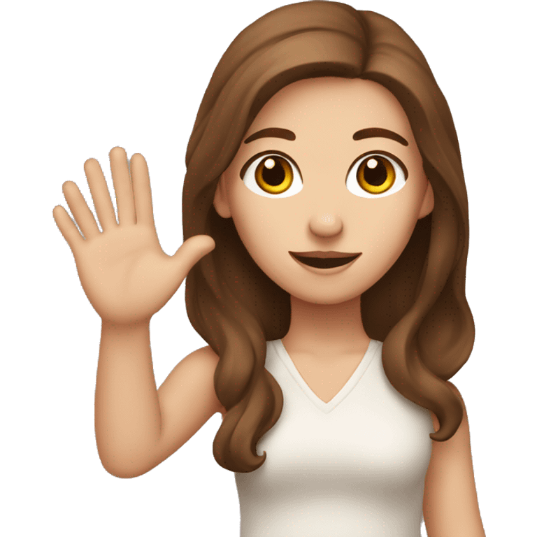 A white girl with brown eyes and brown hair raising her hand emoji