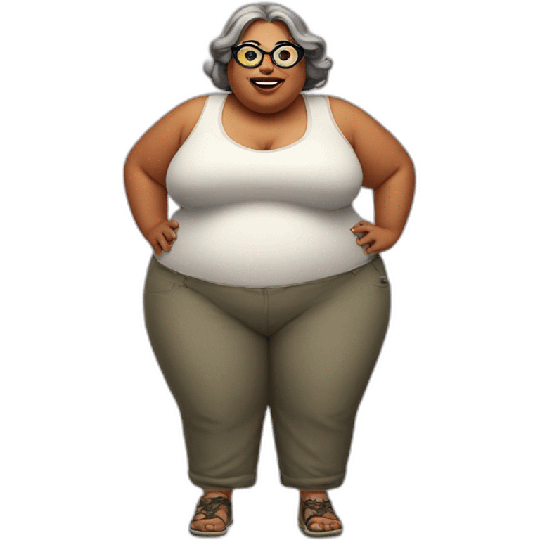 Fat woman with hearing aid and wide pants with snake glasses with big ears emoji