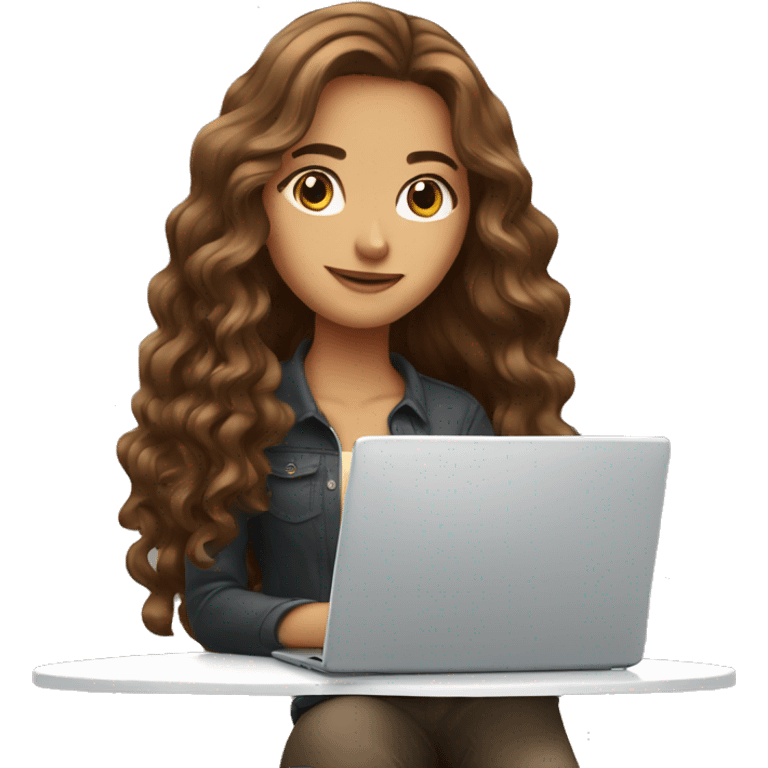 beautiful girl with long brown hair, wavy hair, with laptop emoji