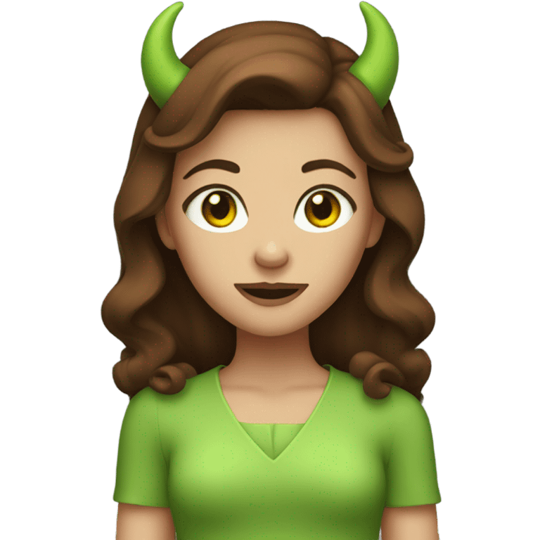  girl with brown hair and green eyes and devil horns emoji