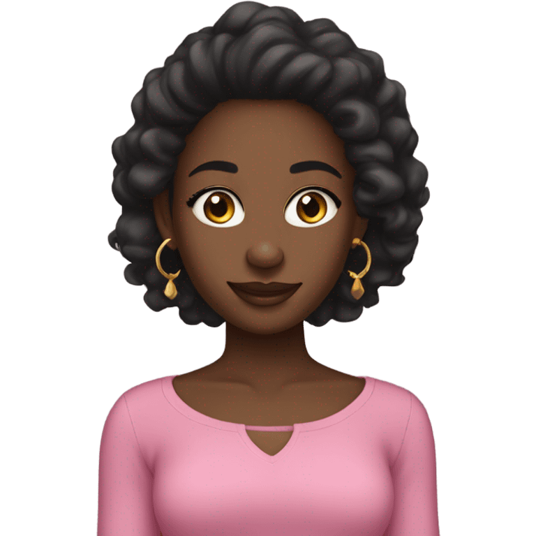 Black girl with a pink top,straight black,long hair.gold earrings,long eyelashes,brown eyes,nose ring,smiling emoji