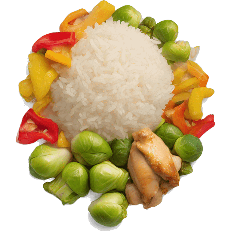 white plate with rice, diced cooked chicken, Brussel sprouts, cut up bell peppers emoji