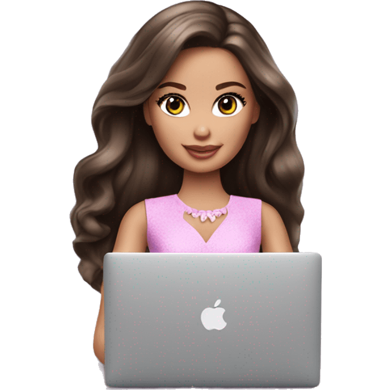 Beautiful Barbie brunette fair skin typing on a macbook emoji