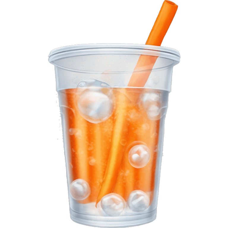 Realistic clear plastic cup half full of Transluscent soda with carbonation bubbles, carrot shaped ice cubes inside the cup and orange curly straw through the top  emoji