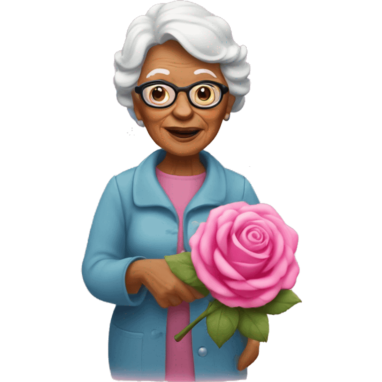 Grandma with a big pink rose toy emoji