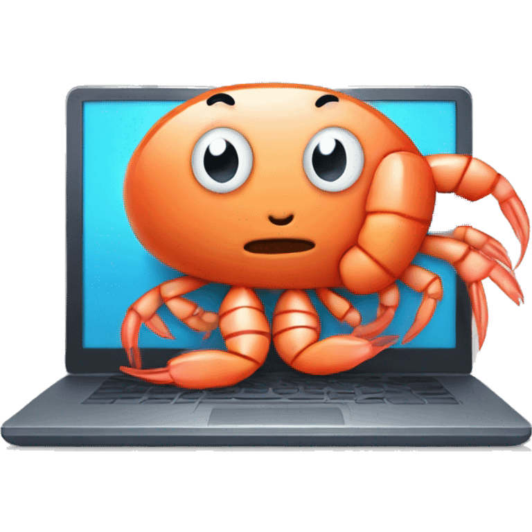 cartoon cute shrimp is tired sitting at the computer emoji