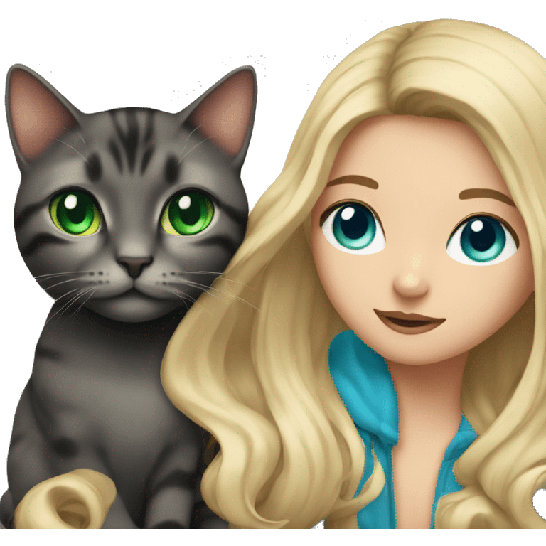 girl with blue eyes, with flowing blond hair with black tabby cat with green eyes emoji