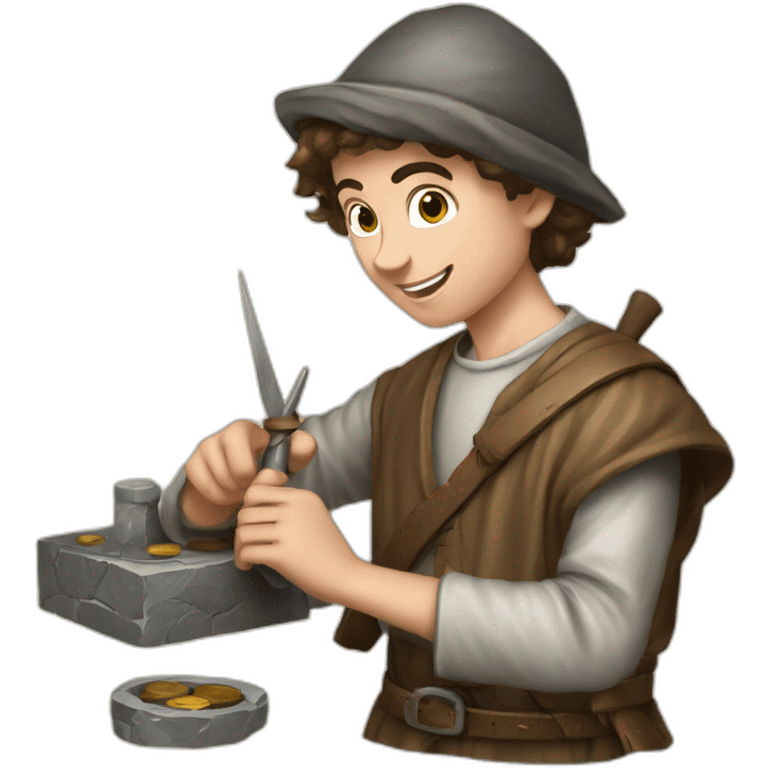 young coin engraver apprentice yielding tool, medieval age emoji