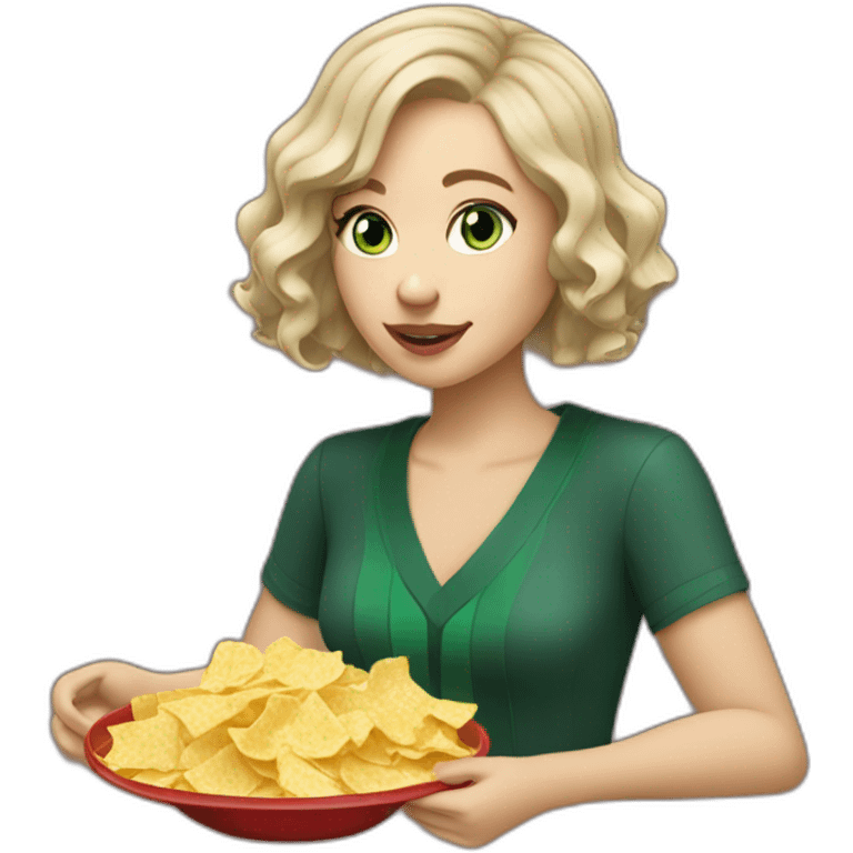 Slytherin girl with short wavy ash blonde bob hair and blue eyes eating chips and cheese emoji