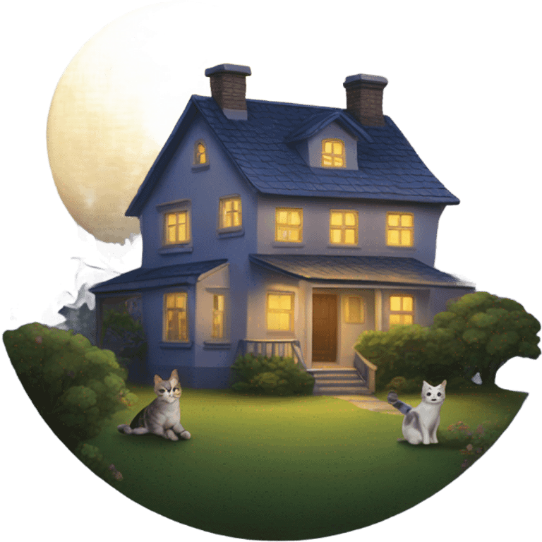 A house in the bush with a cat in night emoji