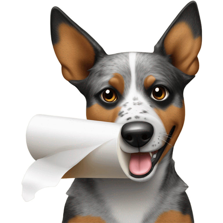 Australian cattle dog holding a toilet paper roll in mouth emoji