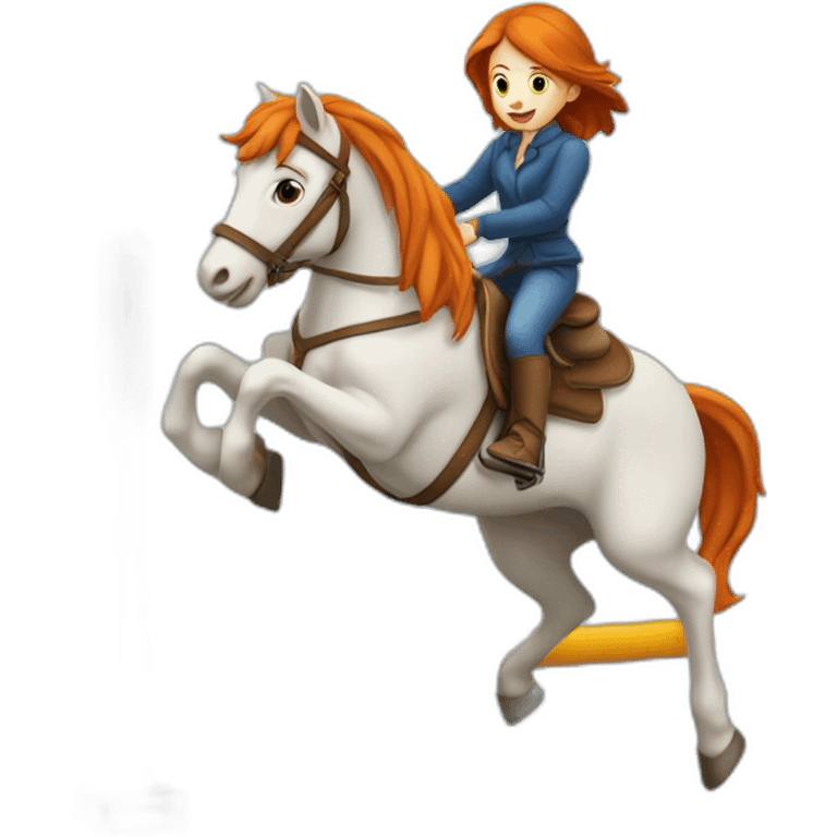 Fille rousse sur un cheval qui saute un obstacle emoji